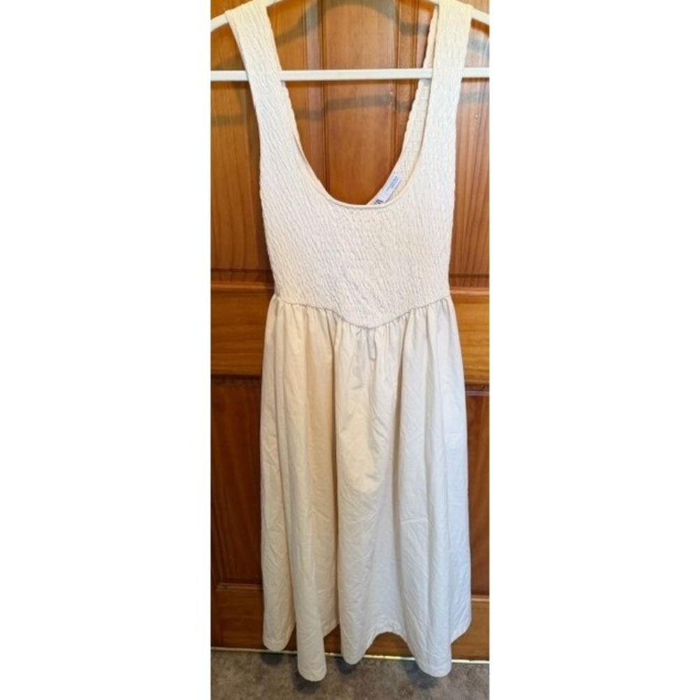 Zara Cream Smocked Bodice Sleeveless Midi Dress Womens Medium Off White A-Line